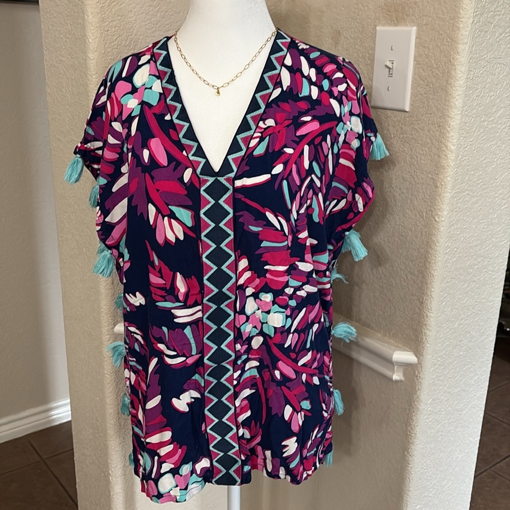 Escapade hot pink, navy, turquoise print tassel swimsuit cover up Size M